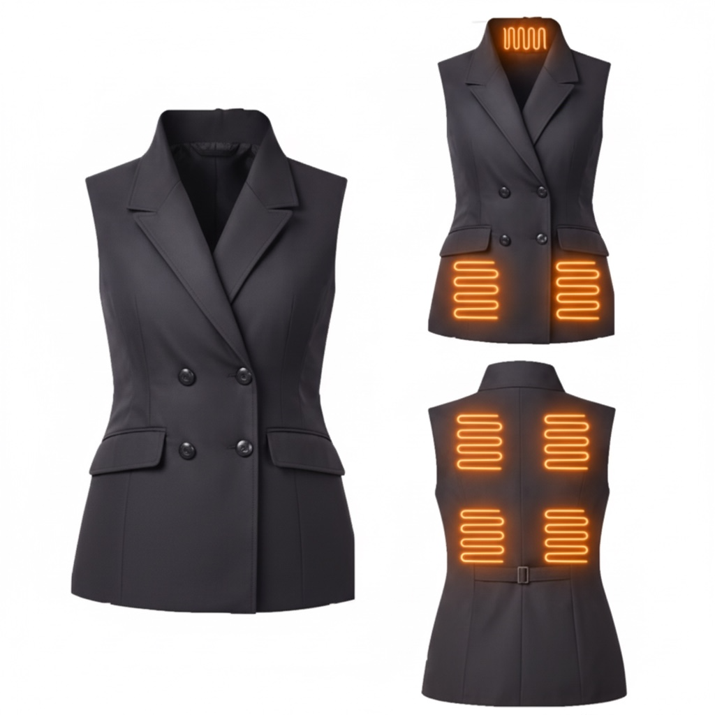 Comodissimo heated vest - front, back and detail views